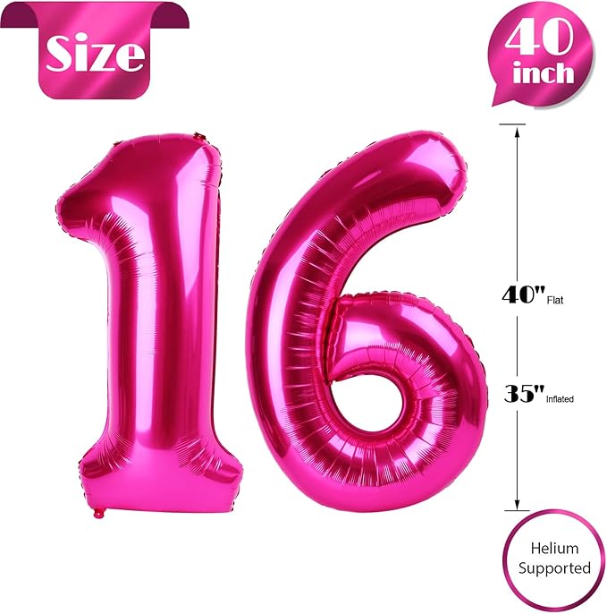 16 Balloon Number, Hot Pink Number 16th Birthday Balloons 40 Inch, Sweet 16 Years Old Hot Pink Birthday Decorations for Boys Girls, 16th Anniversary Decorations