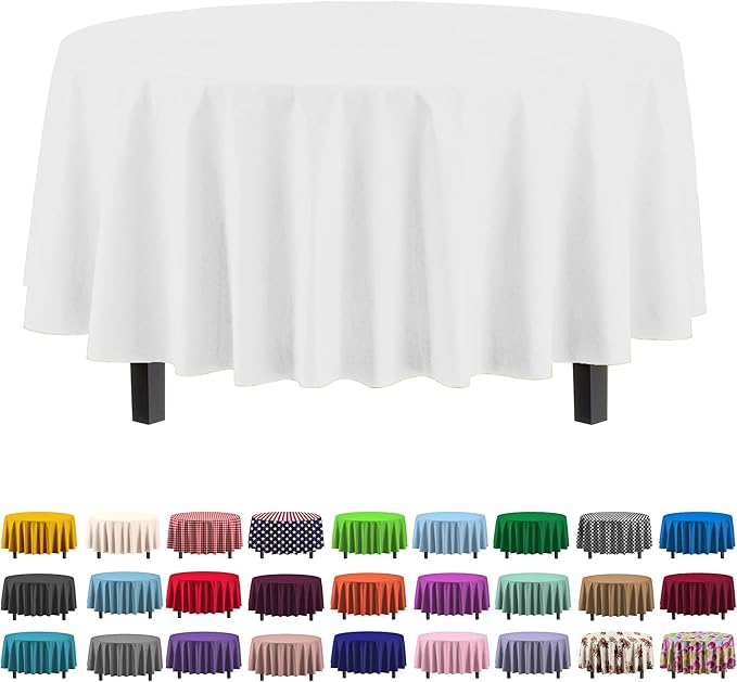 Exquisite Party Solids 6-Pack Premium Plastic Tablecloth 84in. Round Plastic Table Cover - White