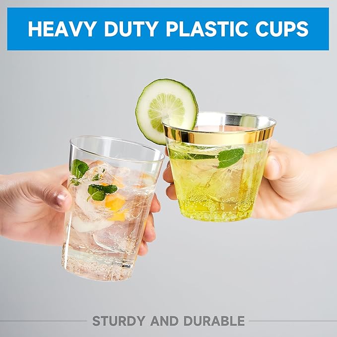 RACETOP 9 oz 100 Pack Clear Plastic Cups with Gold Rim, Disposable Gold Rim Clear Plastic Cups for Parties, Gatherings, Weddings, and Festival Events