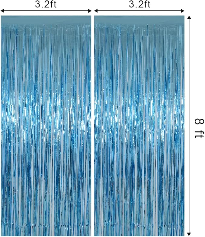 Light Blue Foil Fringe Curtains Party Decorations, Melsan 3.2 x 8 ft Foil Curtains Tinsel Backdrop for Ocean, Baby Shark Theme Birthday Decorations - Pack of 2