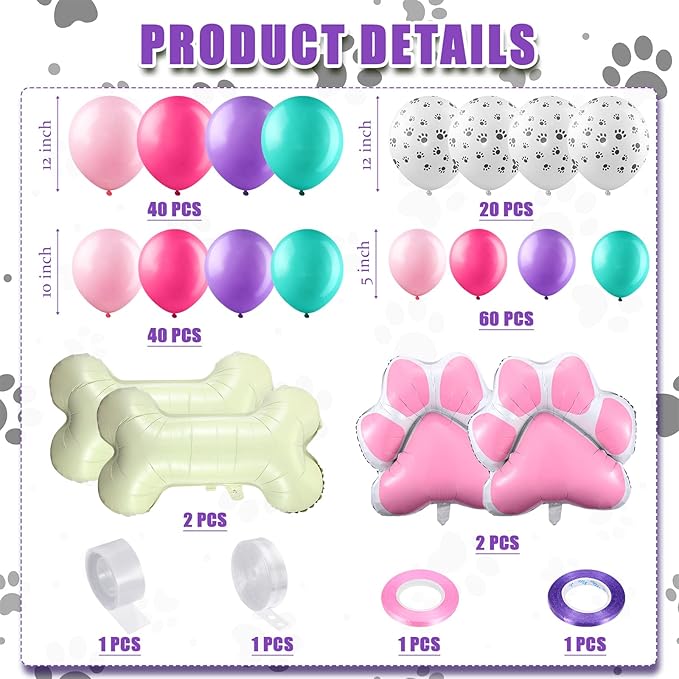 Civaner 164 Pcs Dog Paw Printed Balloons Garland Arch Kit Cartoon Latex Bone and Pink Paw Aluminum Foil Balloons for Puppy Themed Birthday Party Decorations