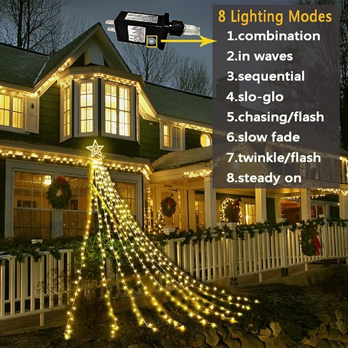 Aokudoni Christmas Lights Outdoor 12.6 ft 8-Lighting Modes Waterfall Xmas Lights Outdoor Christmas Decorations for Yard Tree House Holiday Party, Warm White