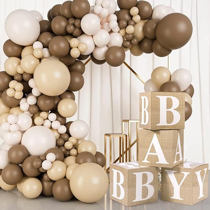Baby Boxes with Letters for Baby Shower, 4pcs Balloon Boxes with Printed Letters for Gender Reveal Birthday Wedding Baby Shower Decorations(Burlap)