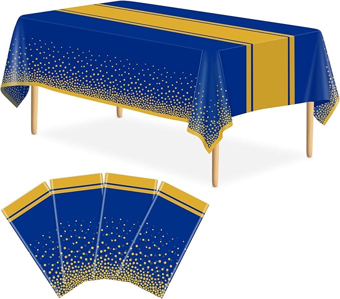 4 Pack Blue and Gold Tablecloth Party Decorations Plastic Blue Tablecloth Printed Gold Table Runner 54 x108 Inch Disposable Rectangle Table Cover for Birthday Wedding Graduation Anniversary