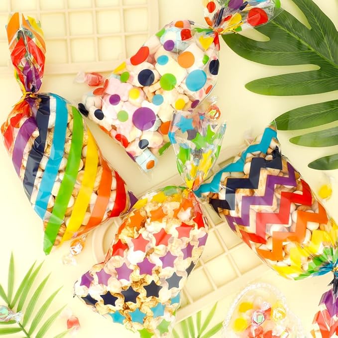 Party Favor Bags for Kids Birthday, 200 PCS Rainbow Cellophane Treat Goodie Candy Gifts Bags with Ties Colored Pouch Stuffers Baby Show Supplies Baggies Colorful Dot Stripes Printed Wrap(5x11 Inch)