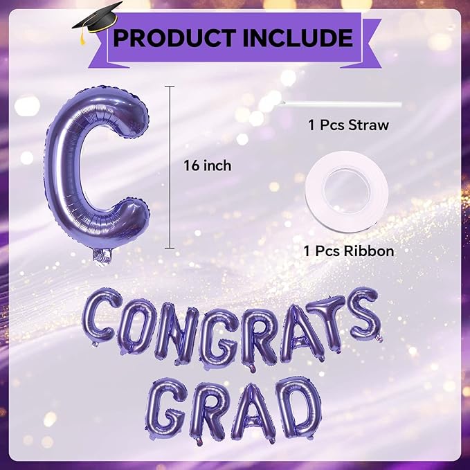 KALOR 16 Inch Purple Congrats Grad Banner Balloons, Purple Congrats Grad Letters Sign, Graduation Decorations 2026 for Graduation Party Decorations 2026