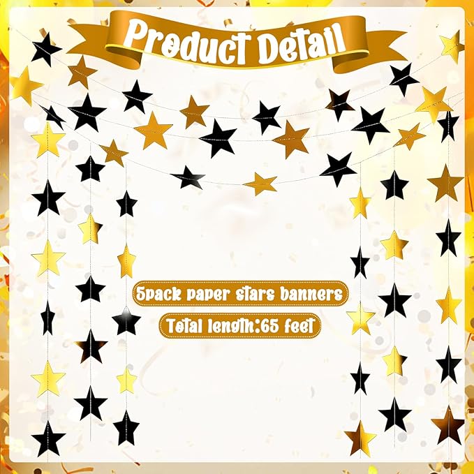 Spakon 65 Feet Glitter Star Paper Garland Banner Hanging Decoration Star Streamers Double Side 2026 Graduation Decorations for Wedding Birthday Festival New Year Party Decoration(Gold Black)