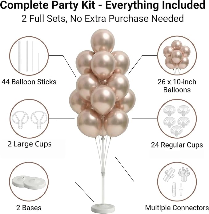 2 Sets Champagne Gold Balloon Stand Kit-Balloon Column Holder with Metallic Rose Balloons for Birthday, Wedding,Baby Shower,Graduation,Anniversary Party Decorations Centerpiece