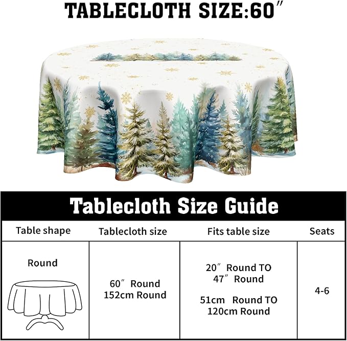 Winter Round Tablecloth 60 Inch Christmas Tree and Snowflake Pattern White Green Table Cloth Circle Xmas Holiday Table Cover Washable Polyester Decor for Home Kitchen Dinning Party