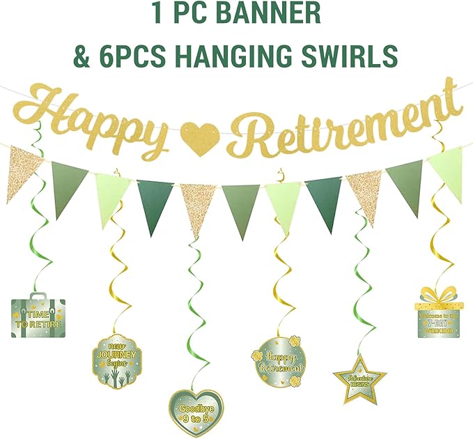 Roetyce Retirement Party Decorations Women Men, Green Happy Retirement Banner Balloons Cake Topper Hanging Swirls Pompoms Kit, Sage Green Office Retired Party Supplies for Coworker