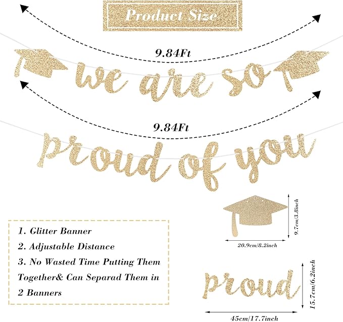 2026 Graduation Decorations Pre-Strung Blingbling We Are So Proud of You Banner Glitter Graduation Garland for Class of 2026 High School College Grad Party (Champagne Gold)