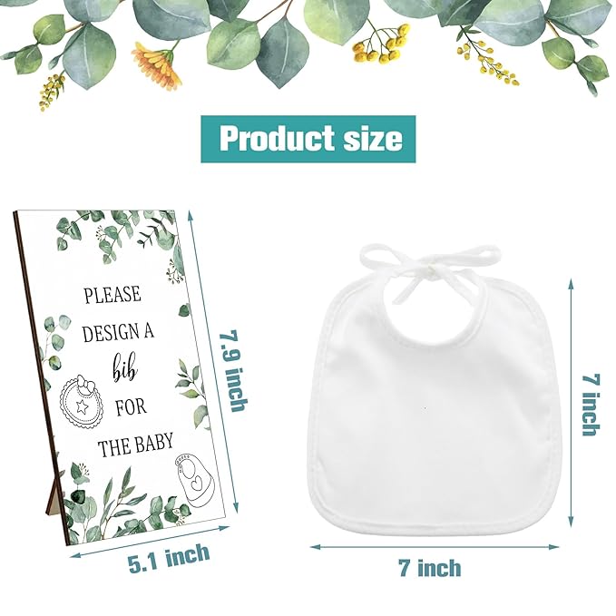 Panitay 43 Pcs Baby Shower Games White Bibs Design, Include Wooden Baby Shower Game Sign, 30 DIY Blank White Bibs, 12 Markers for Gender Reveal Party Decorating Supplies(Greenery)