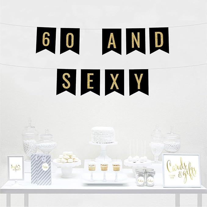 Andaz Press Faux Gold Glitter on Black Birthday Party Banner Decorations, 60 and Sexy, Approx 5-Feet, 1-Set, 60th Birthday Milestone Colored Hanging Pennant Decor