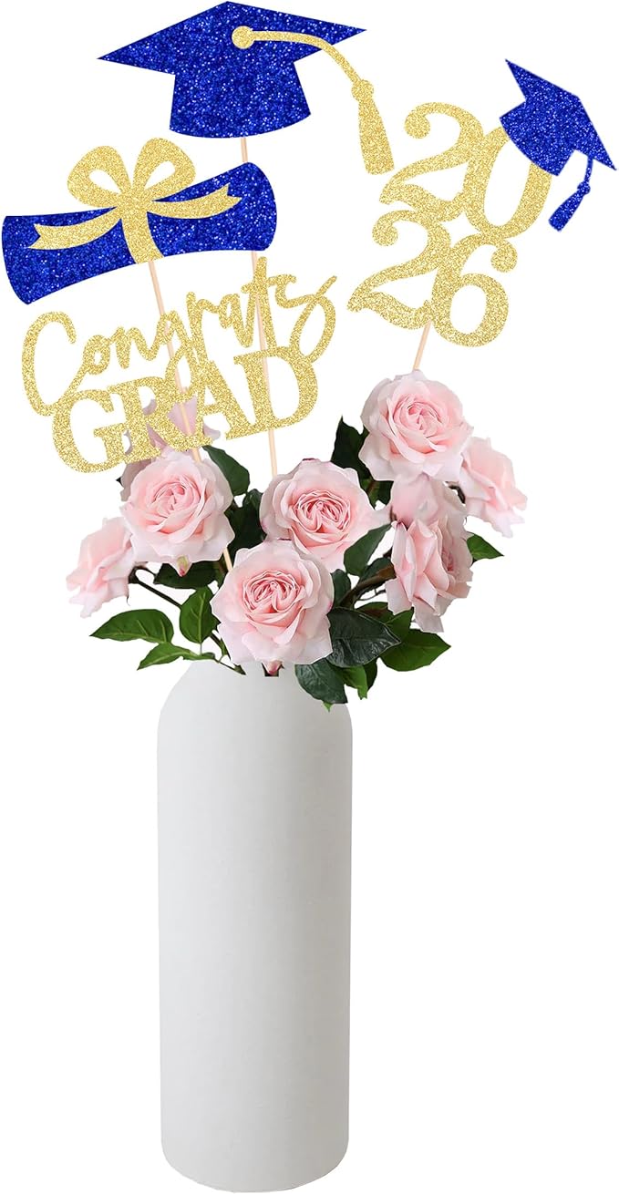 Gexolenu 16 PCS Gold and Blue Double-Sided 2026 Graduation Centerpieces for Tables, 2026 Table Toppers Party Centerpiece Sticks Party Supplies, Graduation Party Decorations Class of 2026, Set of 4