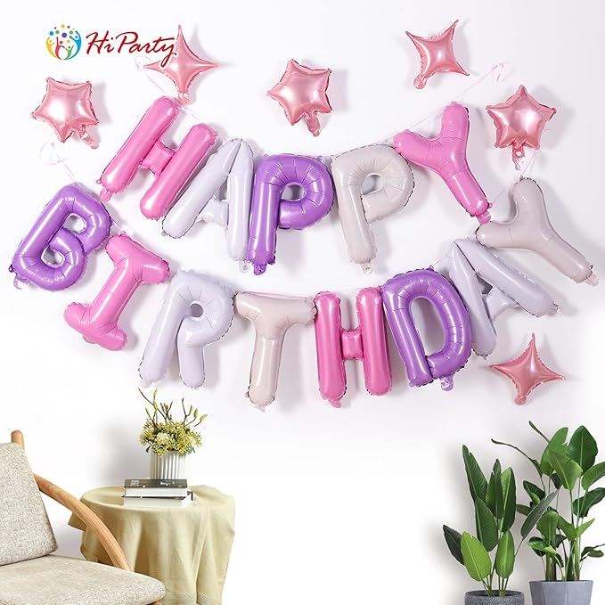 Birthday Banner, 3D Mylar Foil Happy Birthday Balloons, 24pcs Birthday Party Decorations with 6pcs Star Balloons for Kids Girls Women Adults Ecofriendly Party Supplies, Pantone