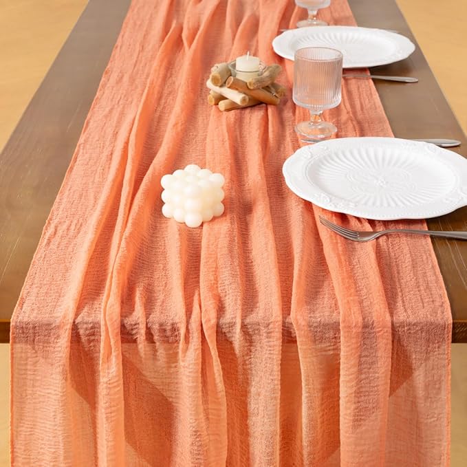 Socomi 3pcs Peach Orange Easter Spring Gauze Cheesecloth Table Runner 120 Inch Rustic Boho Cheese Cloth Runner for Wedding Party Baby Bridal Shower Centerpiece Decoration Holiday Home Decorations
