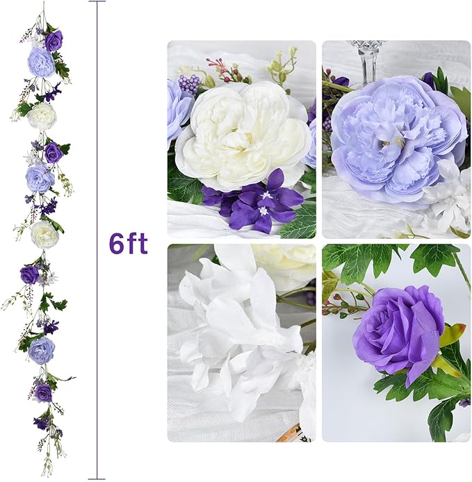 Lvydec Artificial Peony Flower Garland - 6ft Silk Peony Purple Flower Garland Arch Flower Vine for Wedding Party Table Decoration (2, Purple and White)