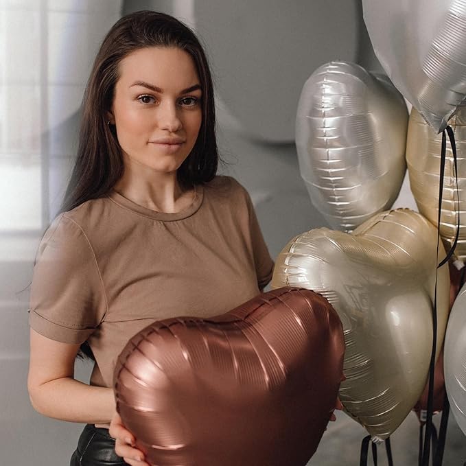 10PCS Brown Khaki Heart Shape Balloons - 18inch Chocolate Coffee Foil Heart Balloons for Helium Neutral Love Jungle Safari Birthday Party, Valentines Day