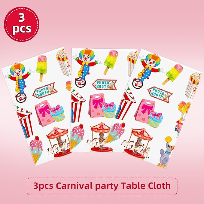 Hxezoc 3 Pack Circus Party Tablecloths, 54 x 108 Inch Disposable Plastic Carnival Table Cover for Carnival Birthday Party Decorations Outdoor Indoor Supplies