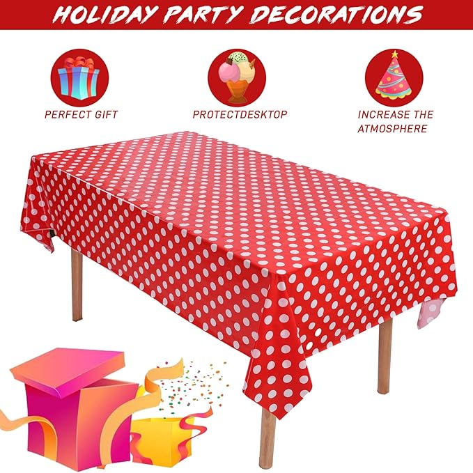 Kesfey 5 Packs Red Polka Dot Plastic Tablecloth 54 x 108 Inch Mickey Mouse Table Cloths Waterproof Disposable Red Picnic Table Covers Rectangle Red and White Dot Carnival Tablecloth for Birthday Party