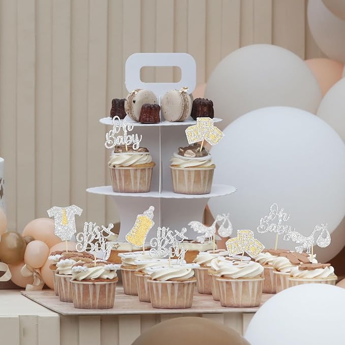 Gyufise 24Pcs Oh Baby Cupcake Toppers Glitter It's a Boy Cupcake Picks Tie Onesie Baby Bottle Baby Shower Cake Decorations for Gender Reveal Baby Shower Kids Boys Birthday Party Supplies Silver