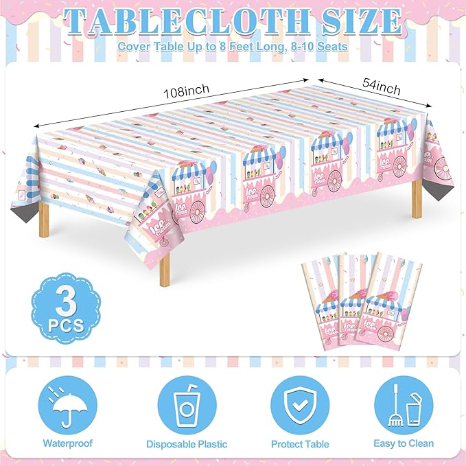 3 Pack Ice Cream Tablecloths Party Decorations, 54 x 108 Inch Disposable Ice Cream Birthday Themed Table Cloth Waterproof Rectangle Party Table Cover for Kids Sweet One Birthday Baby Shower
