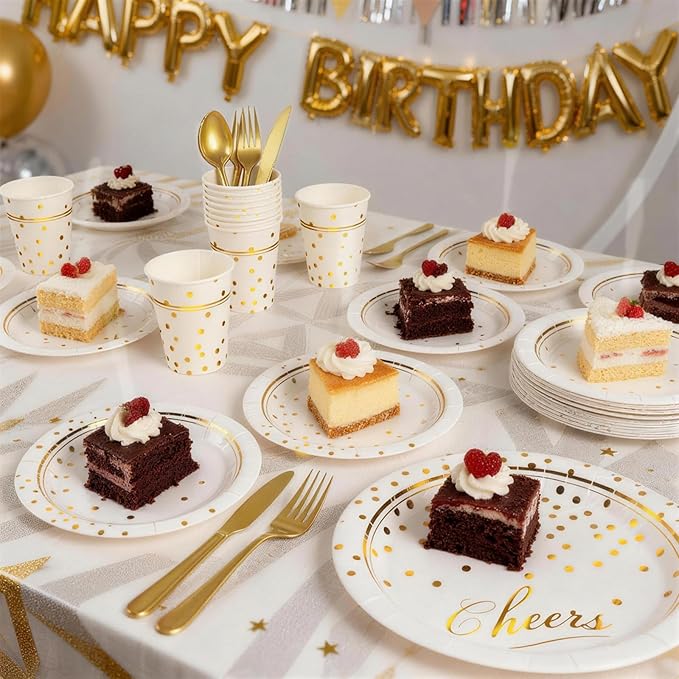 168 Pcs Paper Plates and Napkins Party Supplies, White and Gold Disposable Plates for 24 Guests, Golden Dot Party Plates, Napkins, Cups and Utensils Set for Birthday Wedding Graduation Party Decor