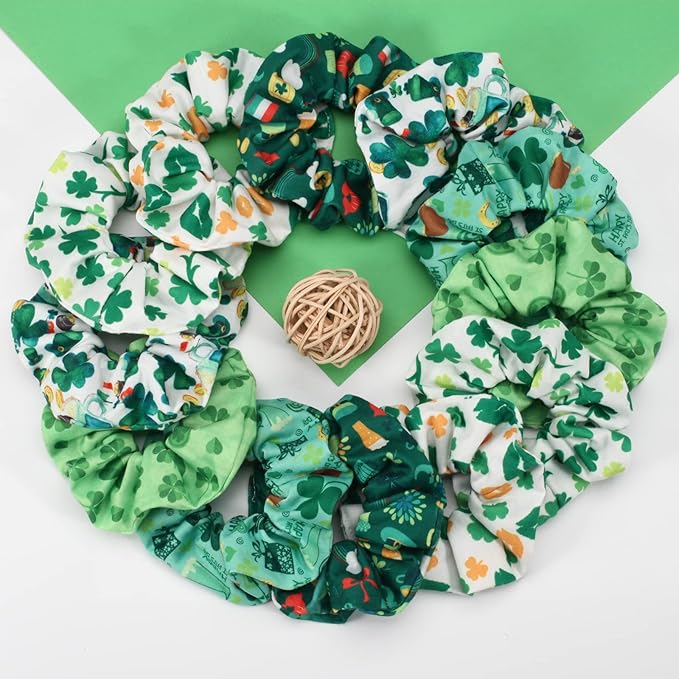 12pcs St Patrick's Day Hair Scrunchies Green Shamrock Leaves Leprechaun Hat Irish Hair Ties for Girls Women Soft Hair Accessories Gifts