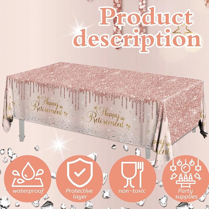 Pink Retirement Party Decorations-3pcs Happy Retirement Tablecloths Rose Gold Table Cover for Woman Men Table Cloths Party Favors