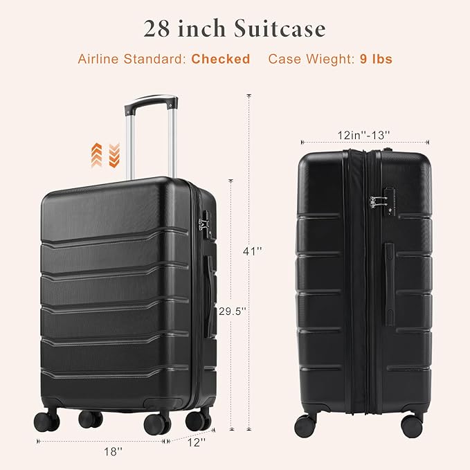 Sweetcrispy Carry on Suitcase, Luggage with Spinner Wheels, Hard Shell ABS, TSA Lock, 28 Inch Black