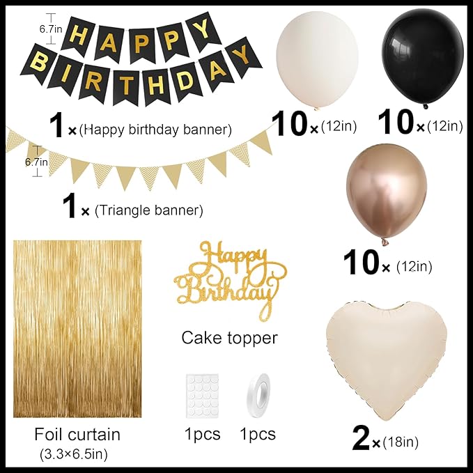 Black Gold Birthday Decorations,Party Decorations with Sand White Champagne Gold Balloon Heart Balloons Happy Birthday Banner Fringe Curtain for Women Men Boho Baby Shower Birthday Party Decor
