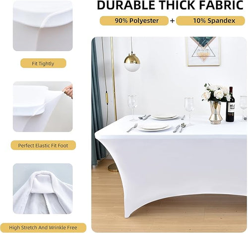 10-Pack 8ft White Spandex Table Covers for Rectangle Folding Tables - Washable Elastic Tablecloth - Ultimate Fitted Table Protector for Parties, Trade Shows, Banquet, and Wedding