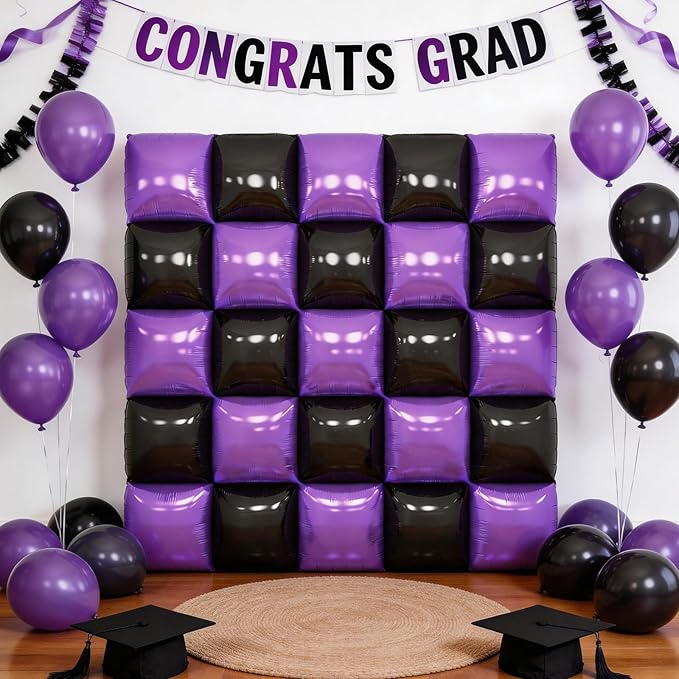Black Purple Square Foil Balloon Wall,25Pcs Double Sided Foil Balloons Backdrop Helium Polyester Tunnel Arch Garland Kit for Birthday Bridal Anniversary Baby Shower Halloween Party Decorations