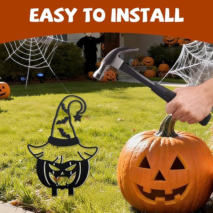 WADORN 2Pcs Halloween Pumpkin Metal Decorative Garden Stakes, Halloween Bat Black Metal Yard Decoration Stakes Pumpkin Silhouette with Witch Hat Garden Ornament Gifts for Outdoor Backyard Lawn Patio