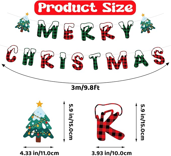 Merry Christmas Banner Indoor, Pre-Strung Mantle Christmas Decor, Buffalo Plaid Xmas Banner with Tree, Merry Xmas Sign for Winter New Year Party Fireplace Hanging Sign Supplies
