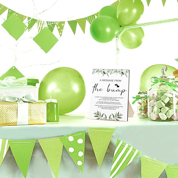 Roowest Cool Baby Shower Tabletop Decoration a Message from the Bump Wooden Baby Shower Games Sign Greenery Cute Gender Reveal Party Thank You Sign, 11.2 x 8.66 Inches(Greenery)