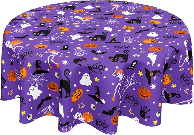 Halloween Tablecloth Round 60 Inch Purple Outdoor Table Cloth Black Orange Pumpkin Table Cover for Kitchen Dinner Room Holiday Party Outdoor Home Halloween Decor