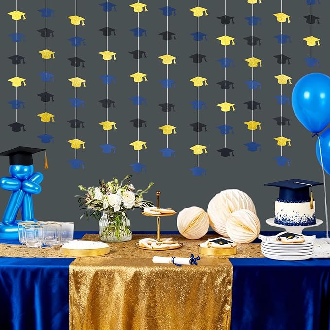 Blue and Gold Graduation Garland Graduation Party Decorations Class of 2026 Grad Cap Garland Banner Streamers for Grad Party Hanging Decorations 39Feet