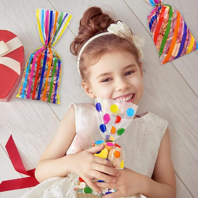 Aneco 100 Pack Rainbow Cellophane Bags 10.6 x 5.1 Inch Plastic Candy Bags Gift Bags Goodie Bags with Twist Ties for Valentine, Birthday, Gift Cookie Snack Packing Party Favor Supplies