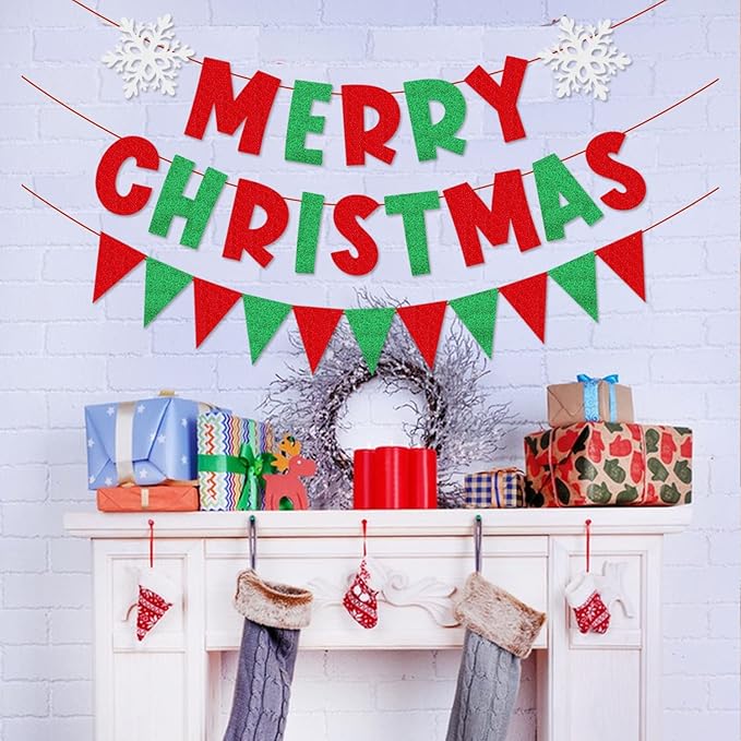 Merry Christmas Banner Red Green Glitter,Christmas Pennant Banner Triangle Flag,Christmas Party Decorations,Xmas Decorations,Xmas Home Office Party Fireplace Mantel Decorations
