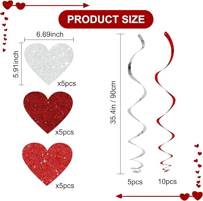 BEISHIDA Happy Valentine's Day Pre-Strung Hanging Swirls Valentine's Decorations Red Red Silver Glitter Heart Hanging Streamers for Wedding Anniversary Engagement Proposal Party Supplies 15Pcs