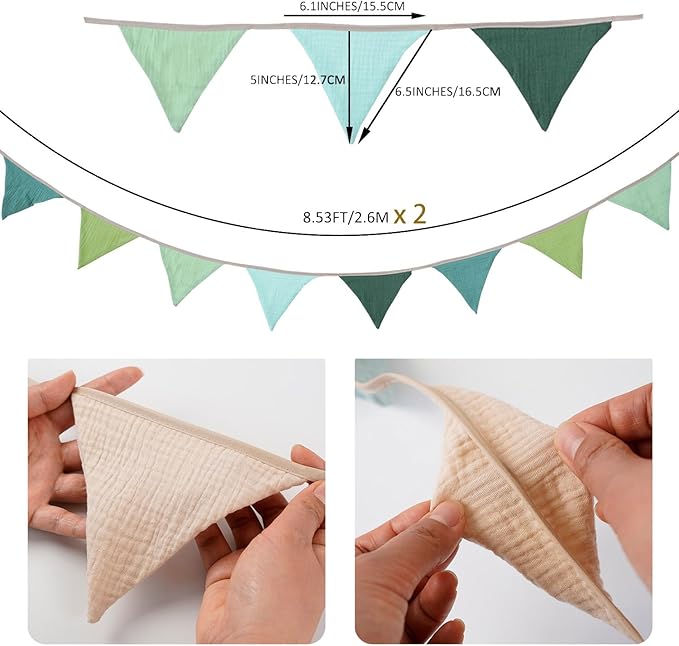 19.6ft Triangle Banners, Pennant Banner Bunting Flags Garland Olive Green Fabric for Jungle Safari Summer Birthday Shower Wedding Party Nursery Playroom Decor 2 Pcs