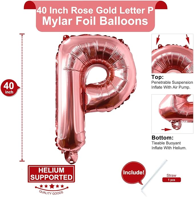 Lovoir 40 Inch Large Rose Gold Letter P Balloons Big Size Jumbo Mylar Foil Helium Balloon for Birthday Party Celebration Decorations Alphabet Rose Gold P