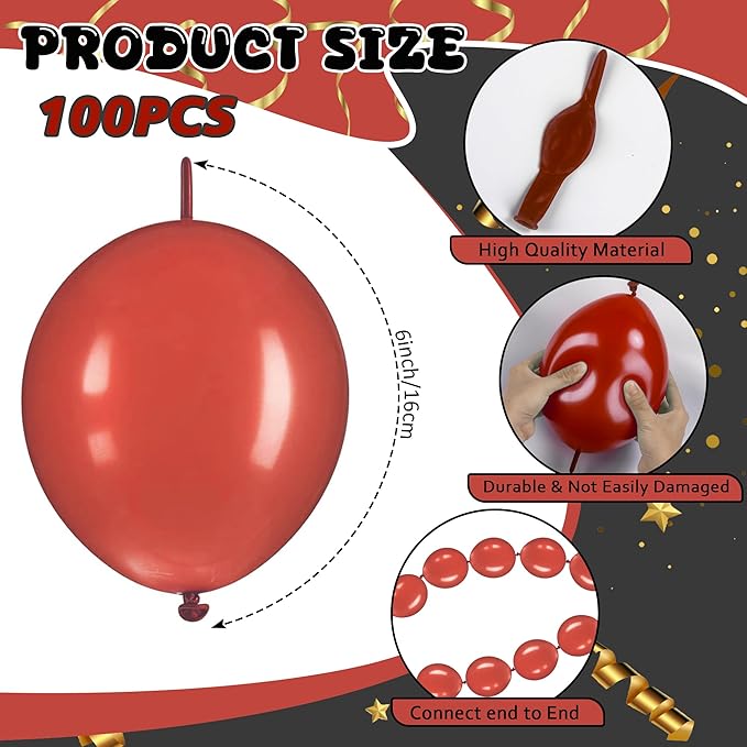 Link Balloons 6 Inch - 100 Pcs Quick Link Balloon Latex Linking Balloons Connected Linkable Balloon Birthday Wedding Party Decorations(Dark Red)