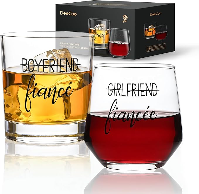Engagement Gifts for Couples, Engagement Party Decorations - Unique Fiance Gift for Him or Her! Proposal Decorations, Whiskey Wine Glasses, Best Gift for Newly Engaged Couple, Women (Crystal Glass)