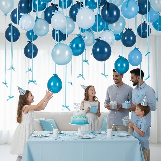 TaoBary 24 Set Pastel Blue Party Balloons, 12inch Gradient Blue Rainbow Latex Balloons and Gradient Ribbon Bows with Twist Tie for Baby Shower Birthday Party Bridal Shower Decor