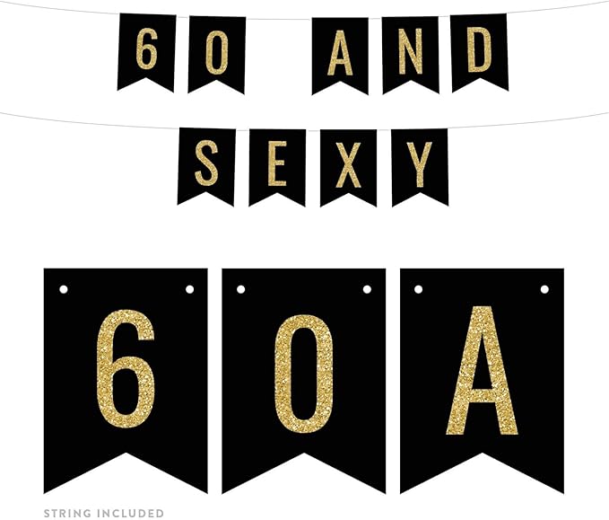 Andaz Press Faux Gold Glitter on Black Birthday Party Banner Decorations, 60 and Sexy, Approx 5-Feet, 1-Set, 60th Birthday Milestone Colored Hanging Pennant Decor