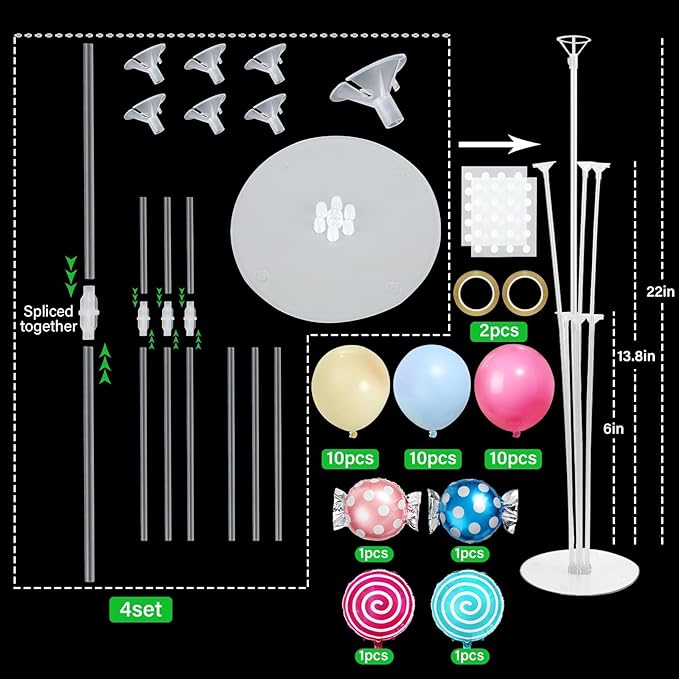 4 Sets Pastel Sweet Candy Theme Party Balloons Stand Kit with Lollipop Candies Foil Balloons Party Balloon Centerpiece for Tables for Candyland Birthday Party Candies Themed Decoration