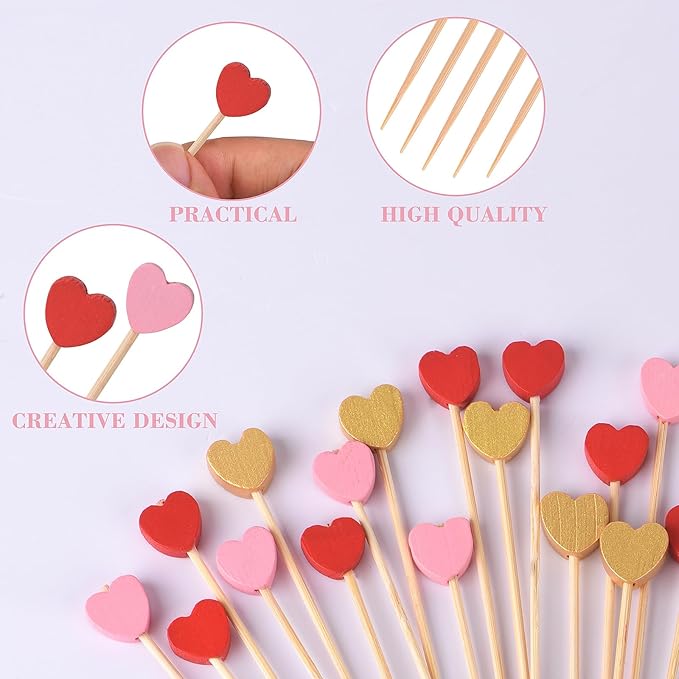 JtmyAota 100 Pack Heart-Shaped Bamboo Cocktail Picks, 4.7" Heart Toothpicks for Appetizers, Natural Bamboo Food Picks for Valentines Wedding Birthday Party Decoration