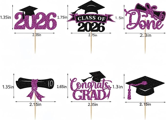 2026 Graduation Cupcake Toppers, 36 pack Purple Glitter Class of 2026 Congrats Grad Diploma Grad Cap Cupcake Picks for 2026 Graduation Party decorating Supplies
